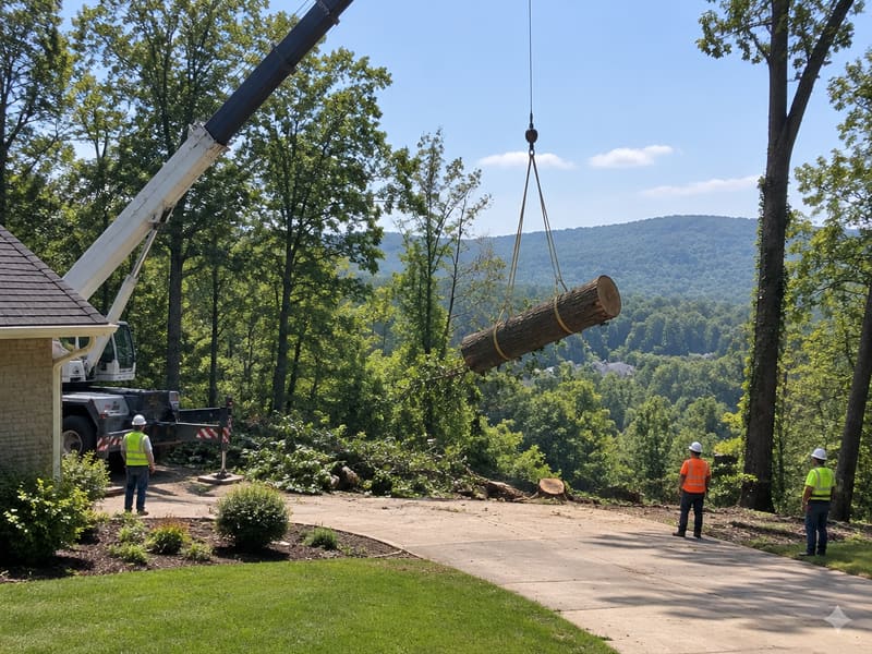 Crane-Assisted Tree Removal: another example of the tree work we handle around Kingsport