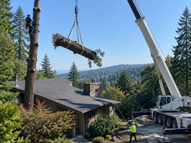 Crane-Assisted Tree Removal: an example of the tree work we handle around Kingsport