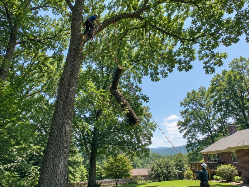 Tree climber rigging a cut limb down with ropes