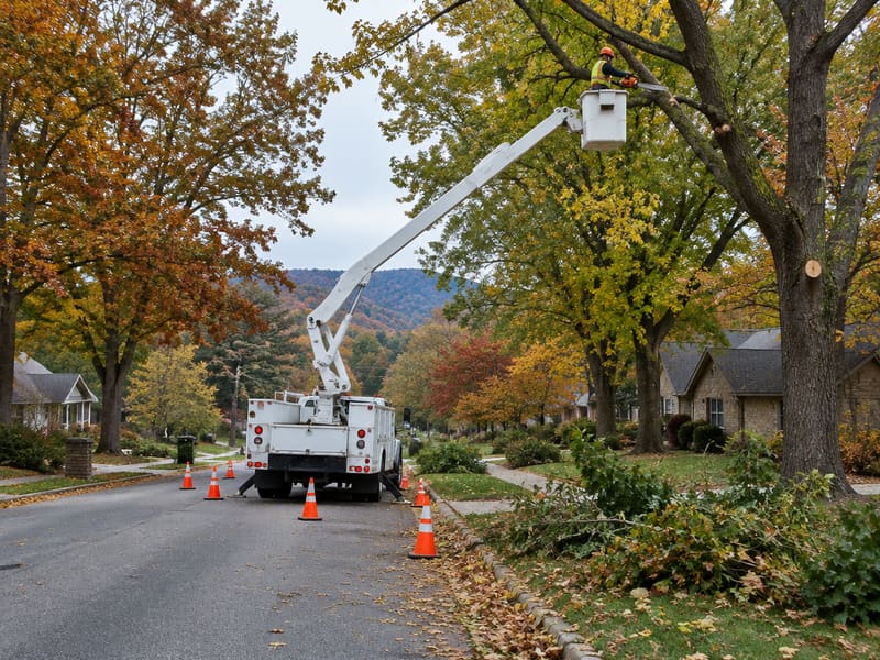 Bucket truck trimming trees along a residential street