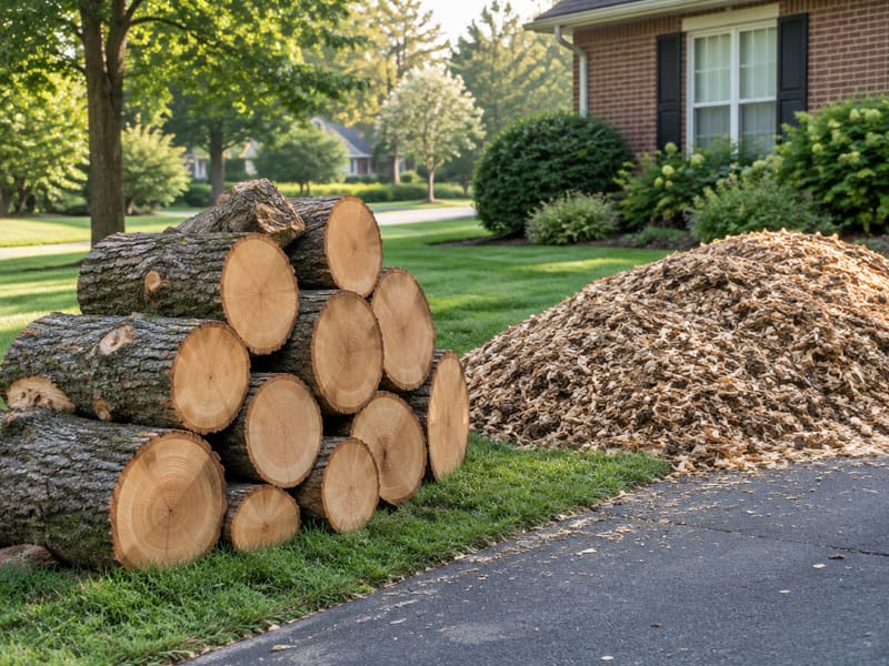 Neatly stacked logs and wood chips left after a tree removal